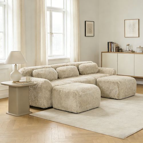 Canapé Modulable, 3 Places, Sans Assemblage Requis, Revêtement En Tissu Effet Fausse Fourrure, Beige