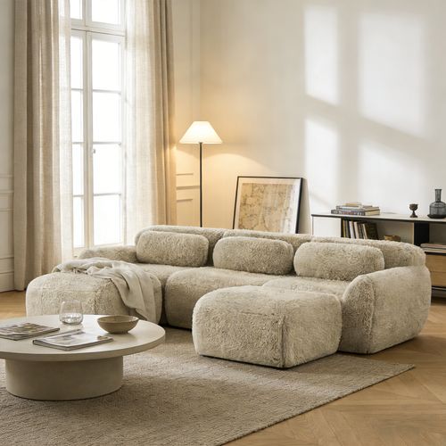 Canapé Modulable, 3 Places, Sans Assemblage Requis, Revêtement En Tissu Effet Fausse Fourrure, Beige
