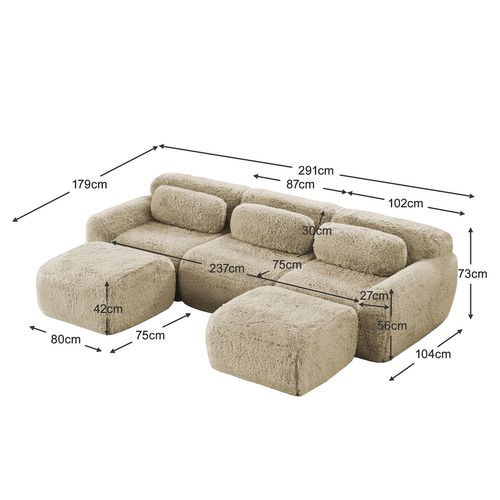 Canapé Modulable, 3 Places, Sans Assemblage Requis, Revêtement En Tissu Effet Fausse Fourrure, Beige