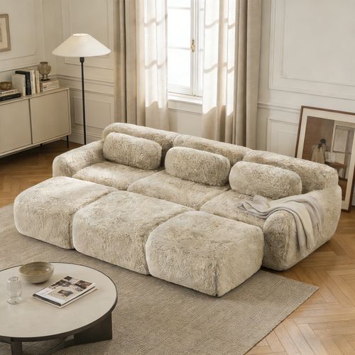Canapé Modulable, 3 Places, Sans Assemblage Requis, Revêtement En Tissu Effet Fausse Fourrure, Beige