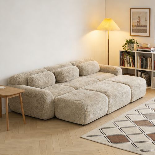 Canapé Modulable, 3 Places, Sans Assemblage Requis, Revêtement En Tissu Effet Fausse Fourrure, Beige