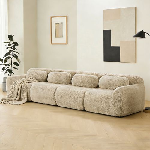 Canapé Modulable, 4 Places, Sans Assemblage Requis, Revêtement En Tissu Effet Fausse Fourrure, Beige
