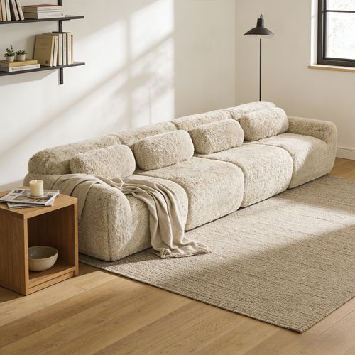 Canapé Modulable, 4 Places, Sans Assemblage Requis, Revêtement En Tissu Effet Fausse Fourrure, Beige