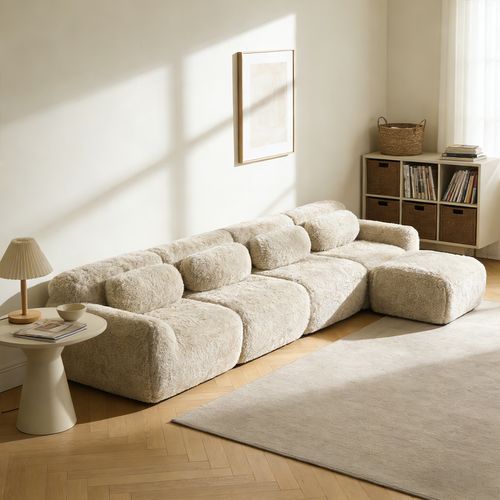 Canapé Modulable, 4 Places, Sans Assemblage Requis, Revêtement En Tissu Effet Fausse Fourrure, Beige