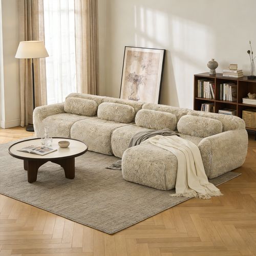 Canapé Modulable, 4 Places, Sans Assemblage Requis, Revêtement En Tissu Effet Fausse Fourrure, Beige