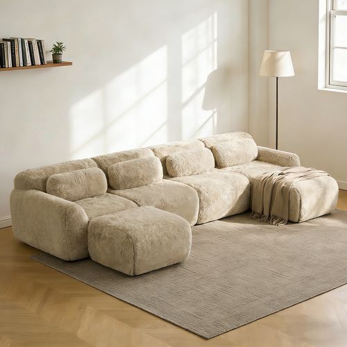 Canapé Modulable, 4 Places, Sans Assemblage Requis, Revêtement En Tissu Effet Fausse Fourrure, Beige