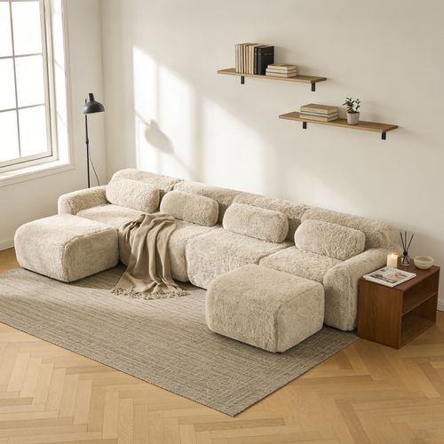 Canapé Modulable, 4 Places, Sans Assemblage Requis, Revêtement En Tissu Effet Fausse Fourrure, Beige