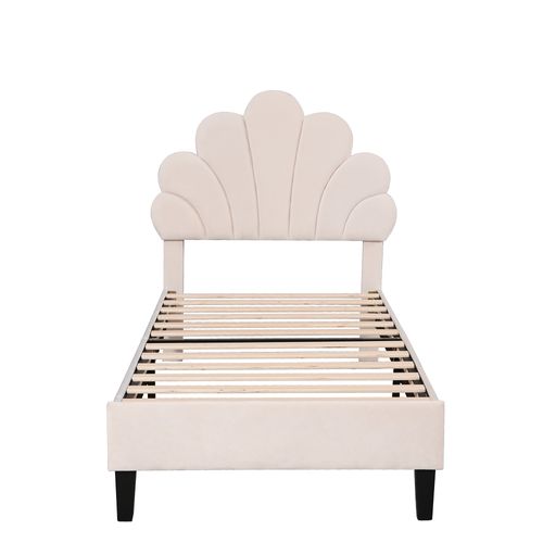 Lit Enfant Rembourré 90 X 200 Cm, Sommier à Lattes, Velours, Beige