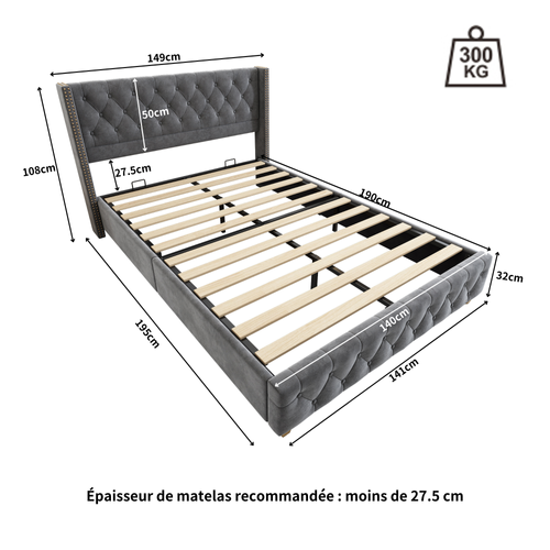 Lit Rembourré Adulte 140x190 Cm Rembourrage à Rivets, Pieds En Bois, Velours, Gris