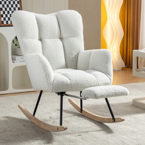 Fauteuil à Bascule Rembourré En Tissu Teddy Avec Repose-pieds Rétractable, Blanc