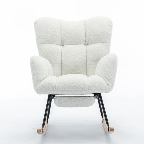 Fauteuil à Bascule Rembourré En Tissu Teddy Avec Repose-pieds Rétractable, Blanc