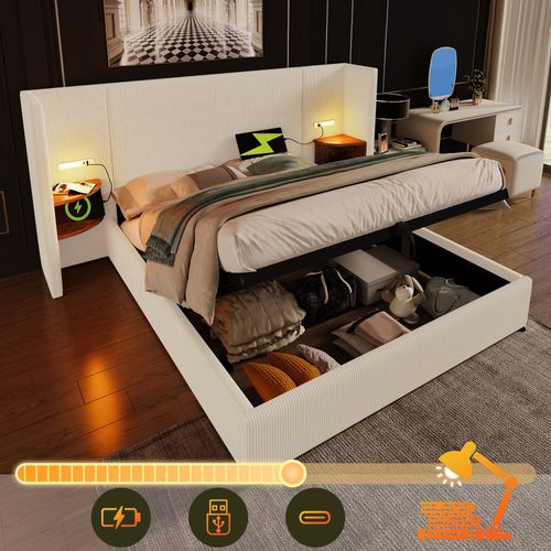 Lit Double Rembourré 160*200cm Avec Table De Chevet,lampe Et Fonction De Charge USB Type-c