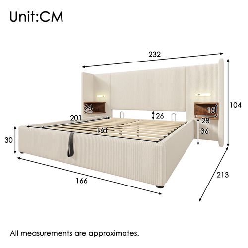 Lit Double Rembourré 160*200cm Avec Table De Chevet,lampe Et Fonction De Charge USB Type-c