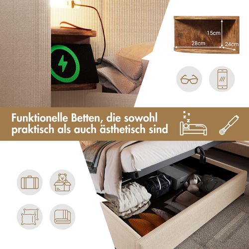 Lit Double Rembourré 160*200cm Avec Table De Chevet,lampe Et Fonction De Charge USB Type-c
