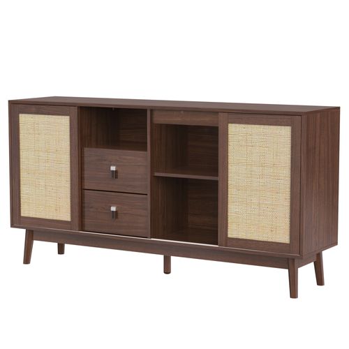 Buffet Avec 3 Portes Coulissantes En Rotin Véritable Et 2 Tiroirs, 155x38x80 Cm