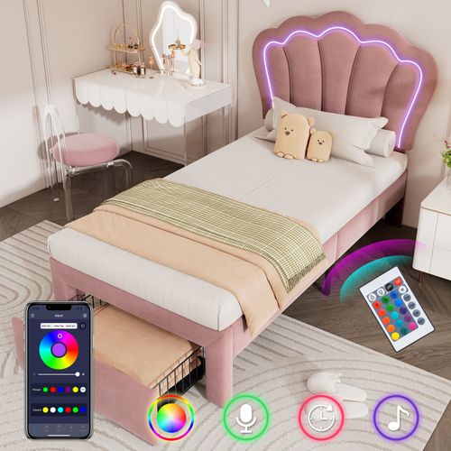 Lit Enfant LED Lit Simple 90 X 200 Cm Avec Tiroirs - Rose