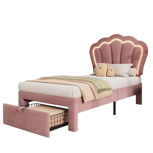 Lit Enfant LED Lit Simple 90 X 200 Cm Avec Tiroirs - Rose