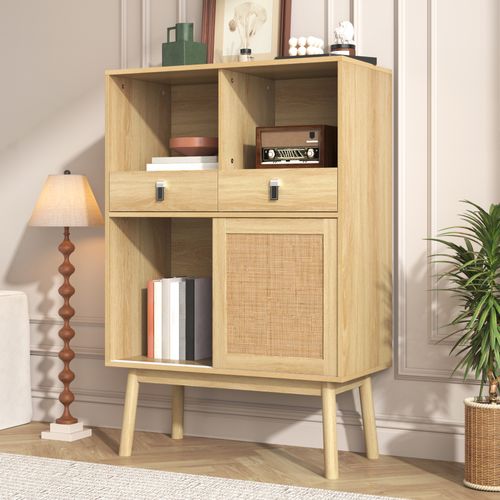Buffet Effet Bois Portes En Rotin 2 Tiroirs 2 Portes 80x39,5x120 Cm Kogzols