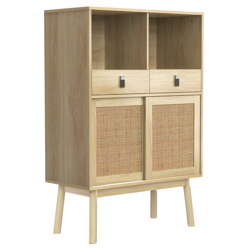 Buffet Effet Bois Portes En Rotin 2 Tiroirs 2 Portes 80x39,5x120 Cm Kogzols