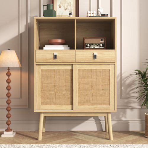 Buffet Effet Bois Portes En Rotin 2 Tiroirs 2 Portes 80x39,5x120 Cm Kogzols