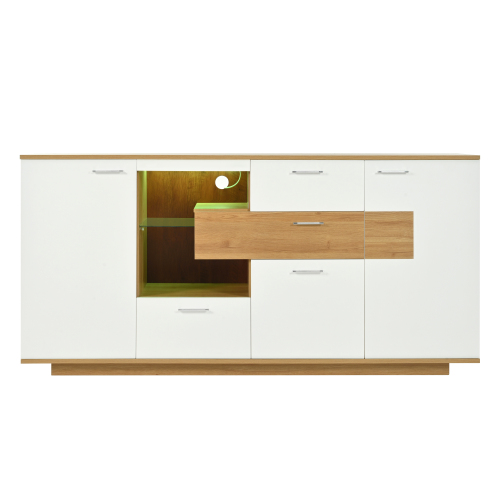Buffet Blanc Et Effet Bois 2 Portes 4 Tiroirs Avec Éclairage LED 16 Couleurs Stud