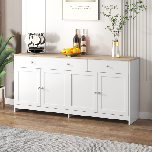 Buffet Blanc Et Effet Bois 4 Portes 3 Tiroirs 160*37*75cm Staankil