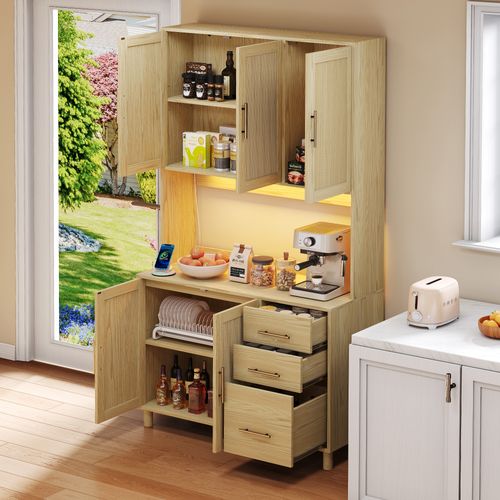 Vitrine Haute En Effet Bois Et Rotin, Éclairage LED, Prises Intégrées Bruqeids Wood