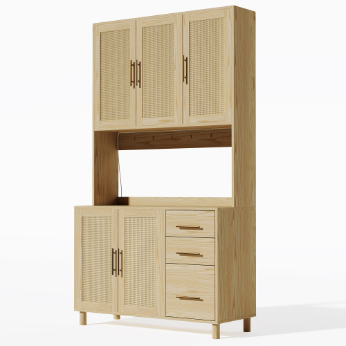 Vitrine Haute En Effet Bois Et Rotin, Éclairage LED, Prises Intégrées Bruqeids Wood