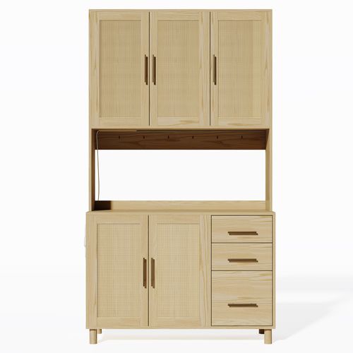 Vitrine Haute En Effet Bois Et Rotin, Éclairage LED, Prises Intégrées Bruqeids Wood