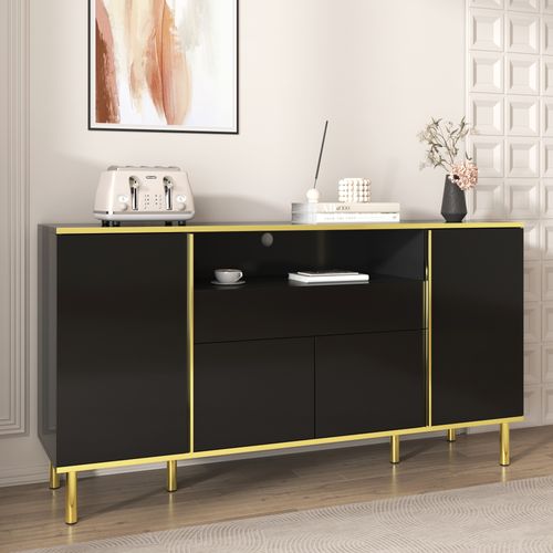 Buffet Noir Brillant Avec Accents Dorés Et Éclairage LED Thisod