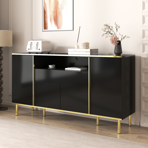 Buffet Noir Brillant Avec Accents Dorés Et Éclairage LED Thisod