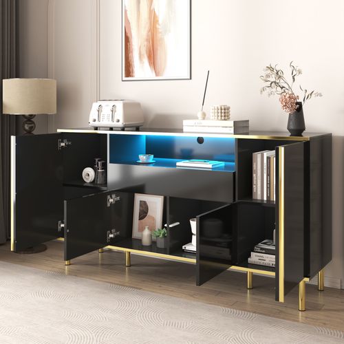 Buffet Noir Brillant Avec Accents Dorés Et Éclairage LED Thisod