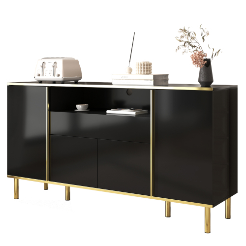 Buffet Noir Brillant Avec Accents Dorés Et Éclairage LED Thisod