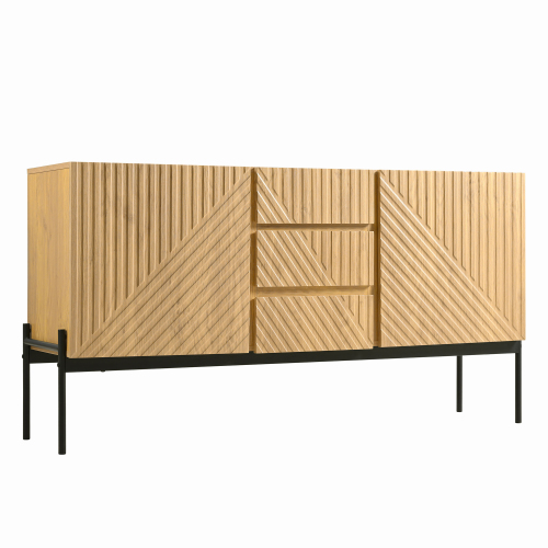 Buffet Moderne Effet Bois Naturel Avec Portes Sculptées Et Piétement Métallique Tregrains