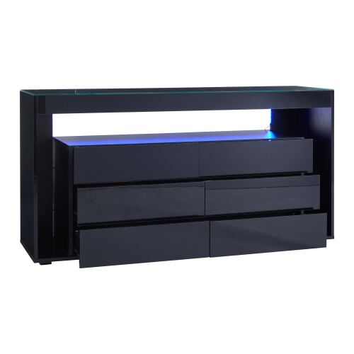 Buffet Noir Laqué Luxe 6 Tiroirs Avec Éclairage LED Udhiens