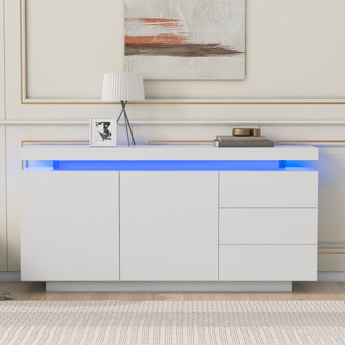 Buffet Blanc Laqué Avec Éclairage LED 2 Portes 3 Tiroirs Zustrons