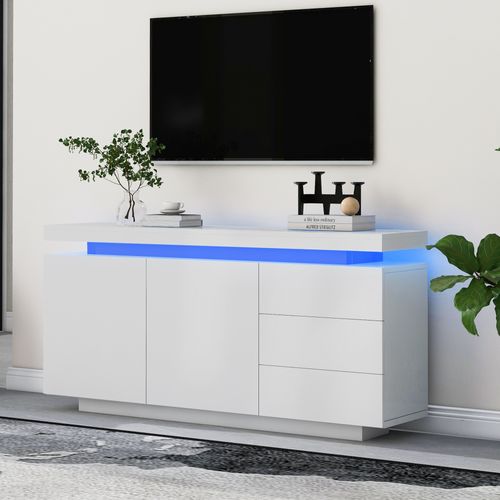 Buffet Blanc Laqué Avec Éclairage LED 2 Portes 3 Tiroirs Zustrons