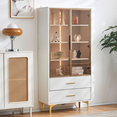 Vitrine Haute Élégante Blanche Avec Portes Vitrées Éclairage LED Intégrées Vretons