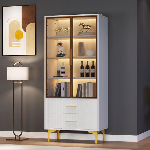 Vitrine Haute Élégante Blanche Avec Portes Vitrées Éclairage LED Intégrées Vretons