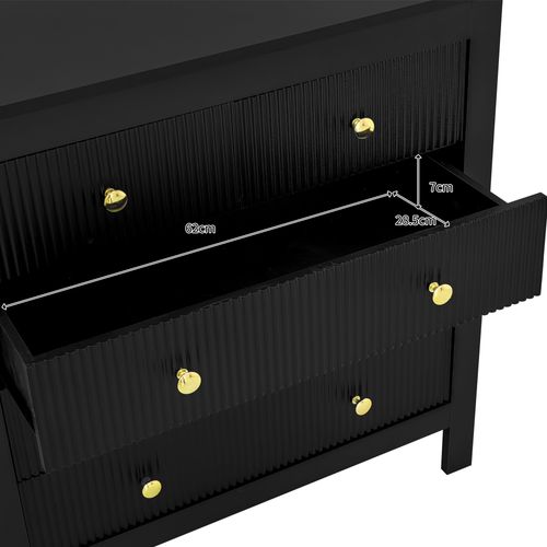 Buffet Noir Élégante Façades Texturées 5 Tiroirs Poignées Dorées Thruzets