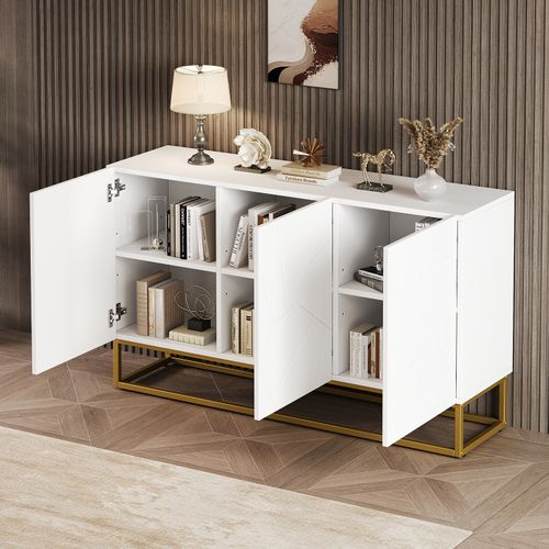Buffet Contemporain Blanc Motif Texturé Accent Doré Ernae