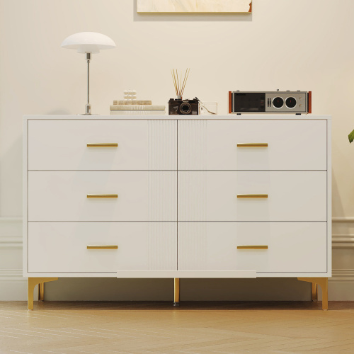 Commode Blanche Élégante à 6 Tiroirs Motif Ondulé Accents Dorées Braxuins