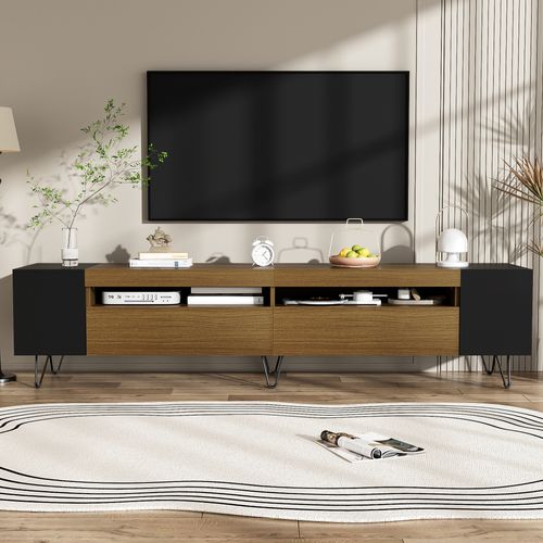 Meuble TV Noir Et Effet Bois 2 Porte Battantes Étagère Ouvertes Cotés 180*36*43cm Vralxid