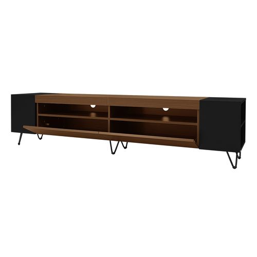Meuble TV Noir Et Effet Bois 2 Porte Battantes Étagère Ouvertes Cotés 180*36*43cm Vralxid