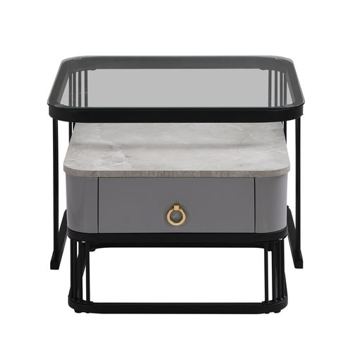 Ensemble De 2 Tables Basses Gigognes Carrées Verre Trempé Et Effet Marbre Avec Tiroir Shugok Black