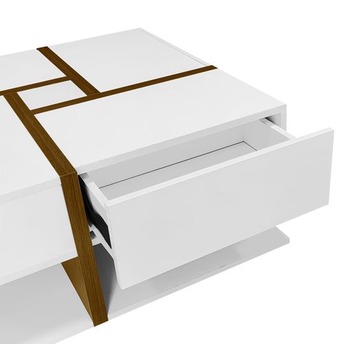 Table Basse Carrée Blanche Brillante Avec 4 Tiroirs Et Design Géométrique 78*78*34,8 Cm Thurluns