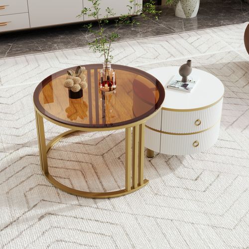 Table Basse Gigogne Luxe Blanc Et Doré 2 Tiroirs Verre Teinté Olne
