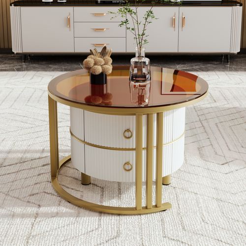 Table Basse Gigogne Luxe Blanc Et Doré 2 Tiroirs Verre Teinté Olne