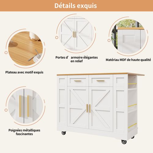 Îlot De Cuisine Blanc Plateau Pliant Et Rangement Intelligent Oveox White