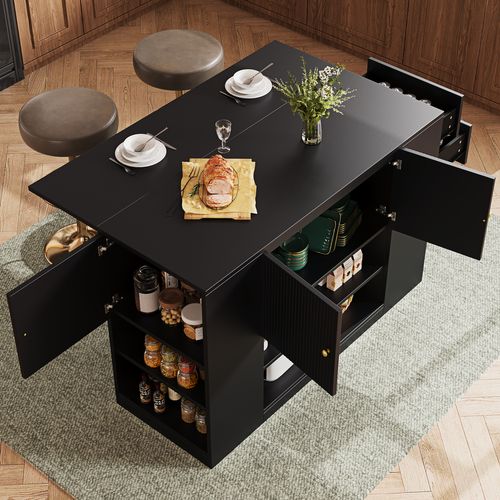 Îlot De Cuisine Noir Motif Ondulé Extensible Avec Plateau Pliant Yichieh